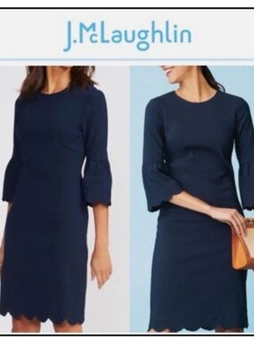 J. McLaughlin Elle Navy Scalloped Hem Bell Sleeve Dress